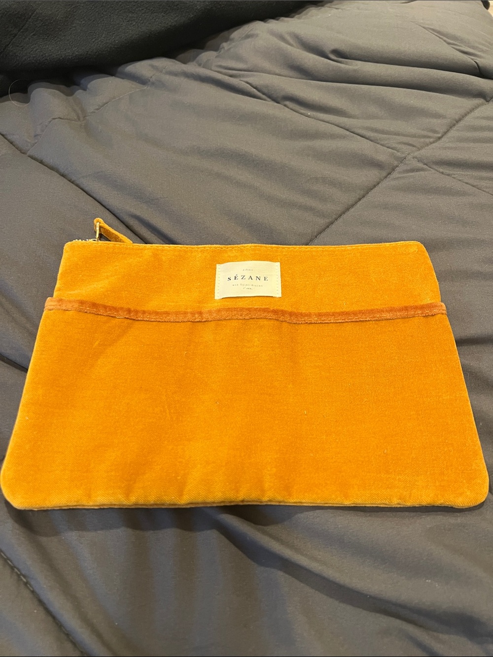 NWOT Sezane Mustard Velvet Zip Pouch Clutch